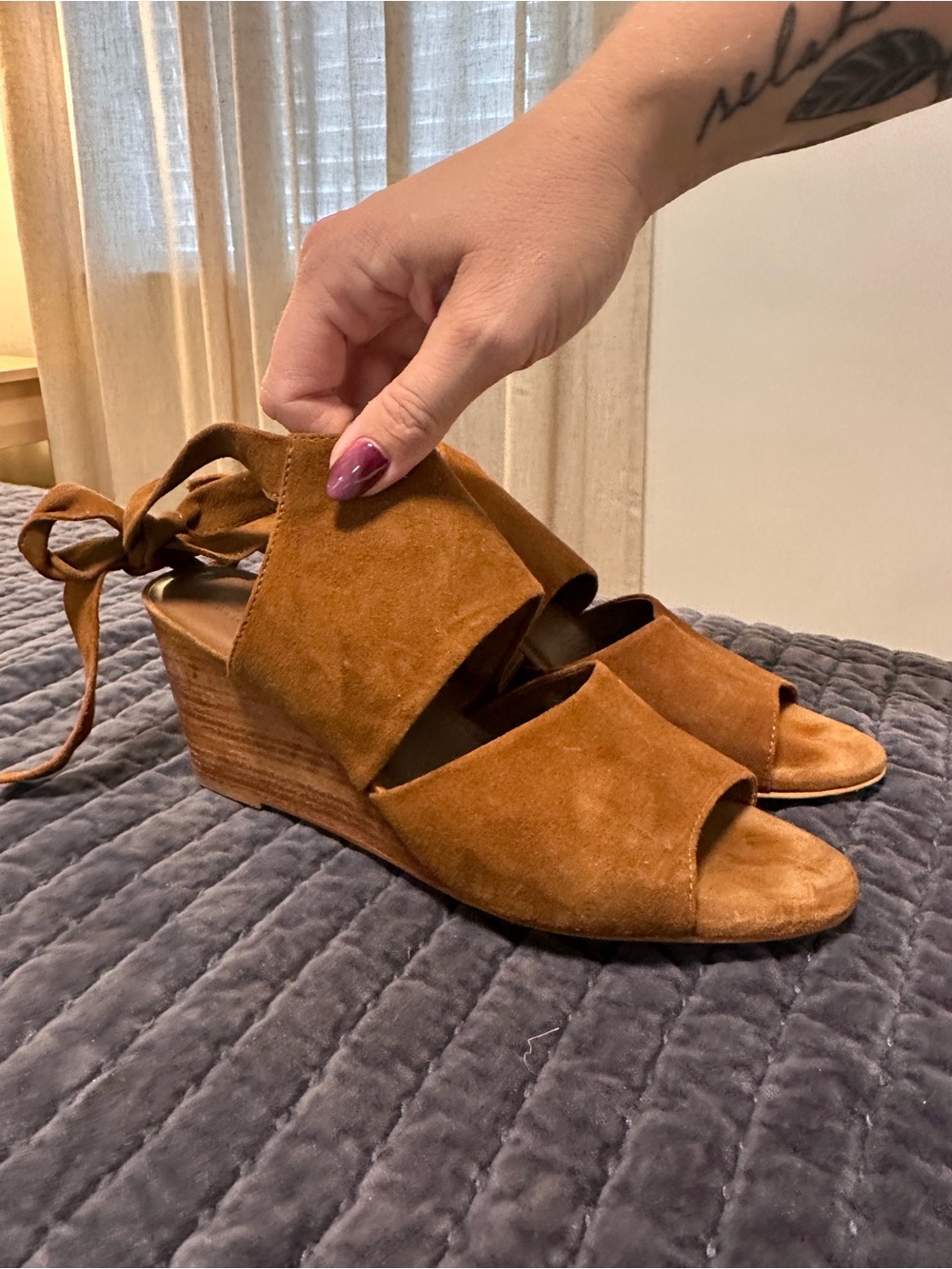 Able Suede Tie-Back Espadrille Wedges in Cognac